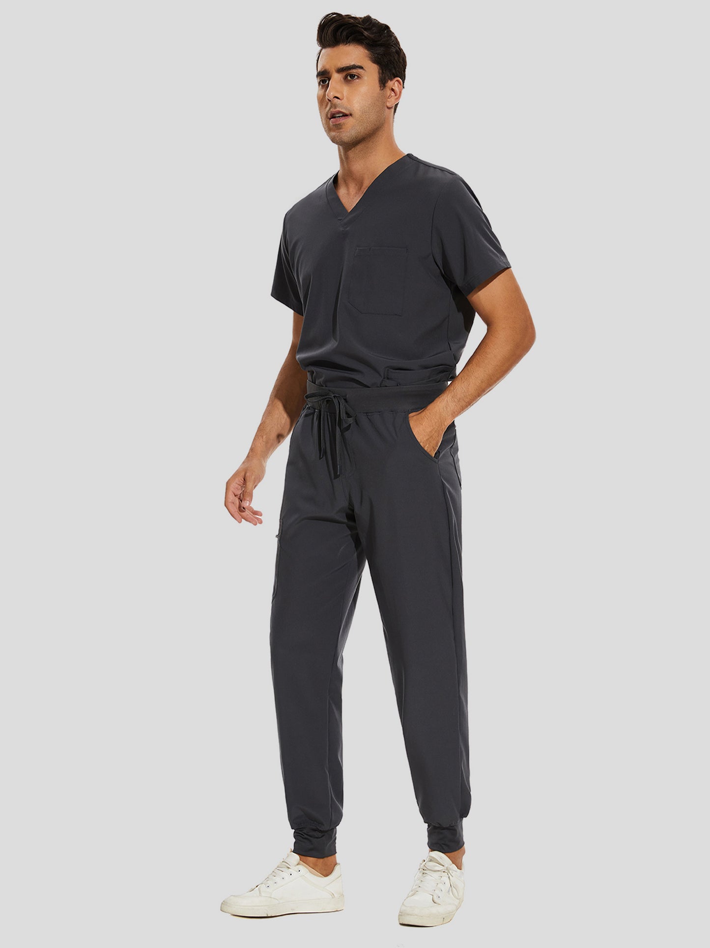 COZYFIT V-Neck Scrub Top & Jogger Pant with 8 Pockets, Yoga Waistband, Anti-Wrinkle Scrubs for Men