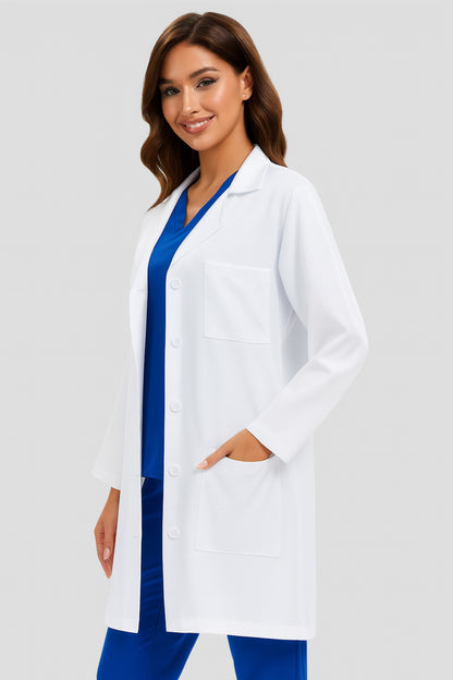 Women's White Lab Coat, Three-Quarter View