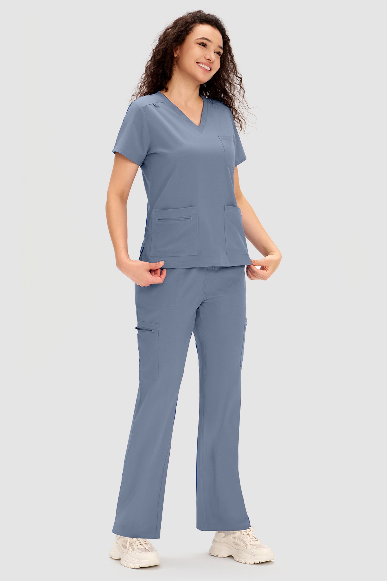 COZYFIT Scrubs for Women - V Neck Top and Bootcut Cargo Straight Pants with 12 Pockets