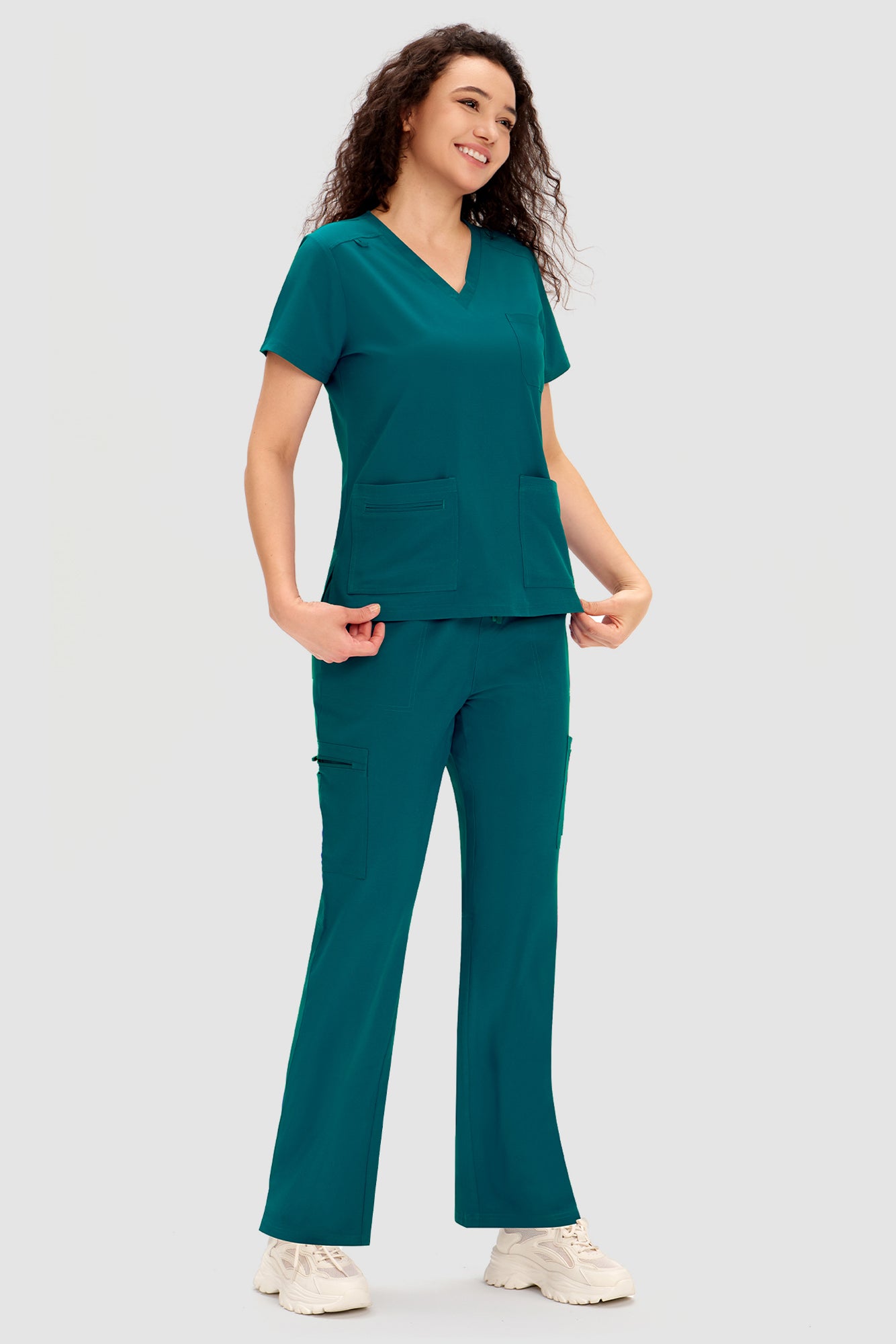 COZYFIT Scrubs for Women - V Neck Top and Bootcut Cargo Straight Pants with 12 Pockets