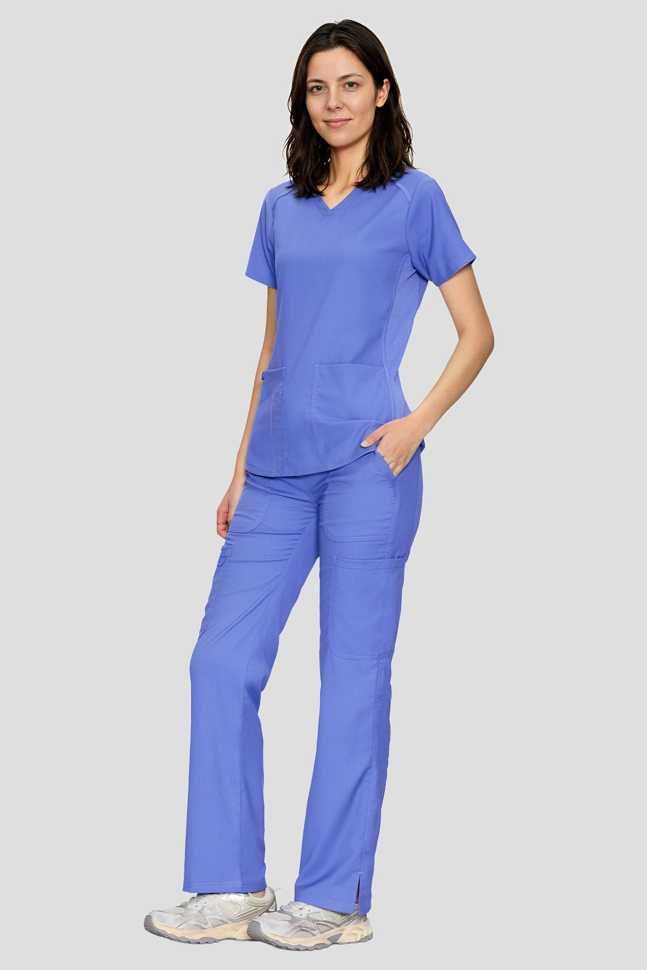 Scrubs for Women Set, V-Neck Top & Straight Leg Cargo Pants. 9 Pockets. Side Ribbed Panels, Side Slits, Ultra-Soft Stretch Fabric, Breathable Medical Uniform for Workwear
