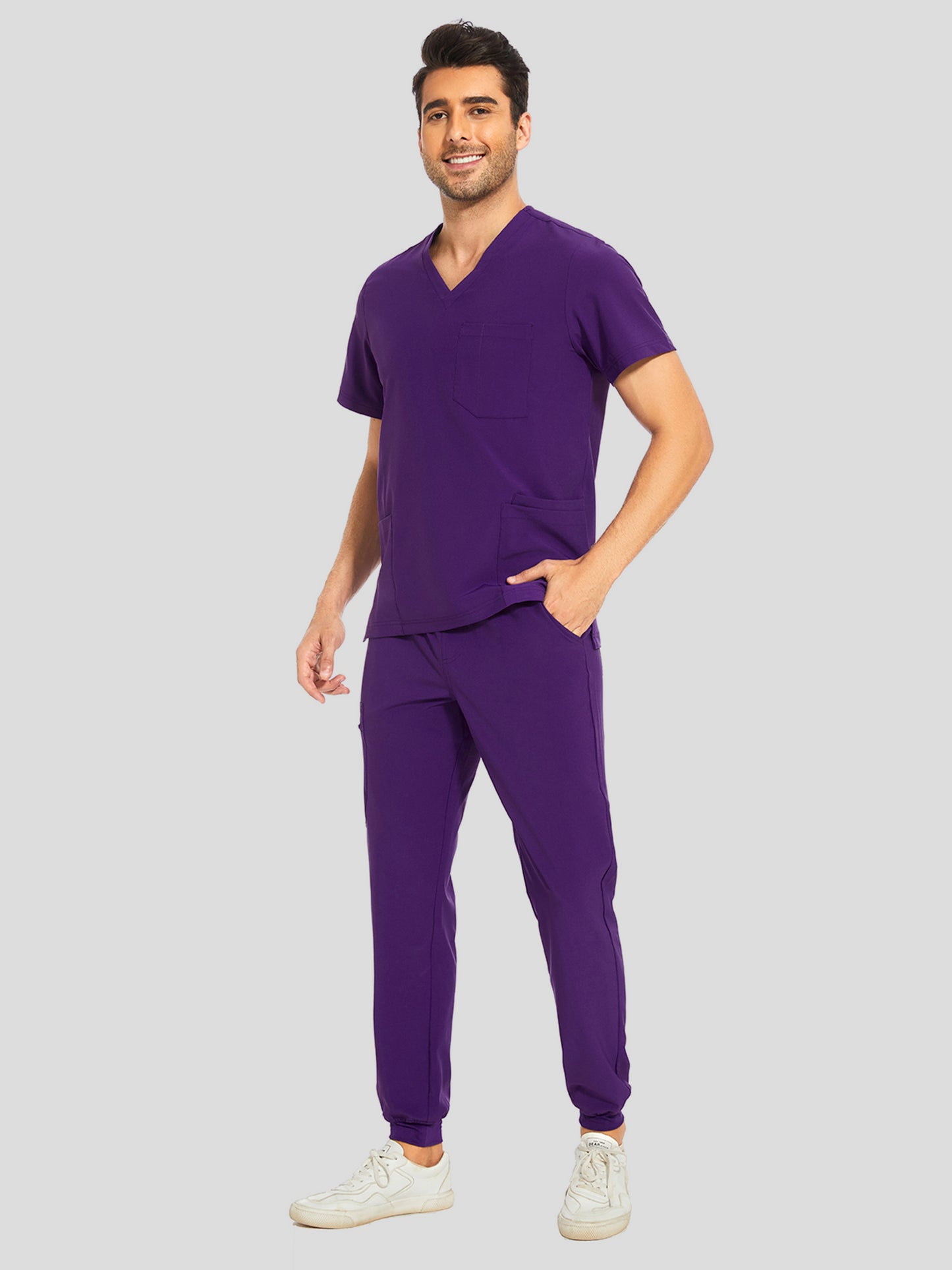 COZYFIT V-Neck Scrub Top & Jogger Pant with 8 Pockets, Yoga Waistband, Anti-Wrinkle Scrubs for Men