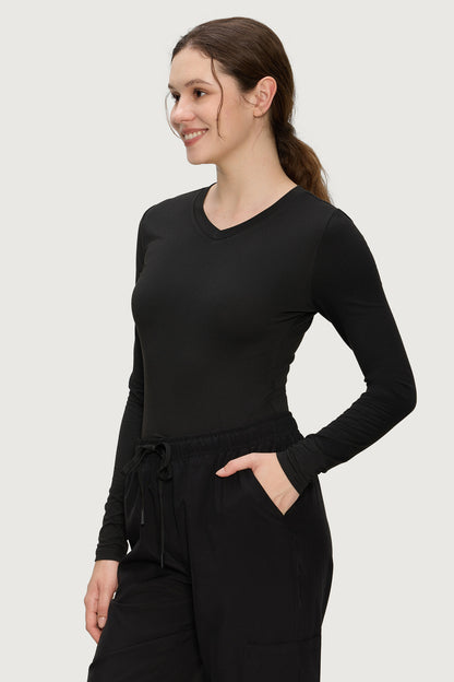 Women's V-Neck Long-Sleeve Underscrub Top, Black, Model Side View