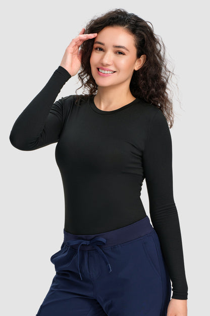 Women's Long-Sleeve Crew-Neck Underscrub Top, Black, Model Front View