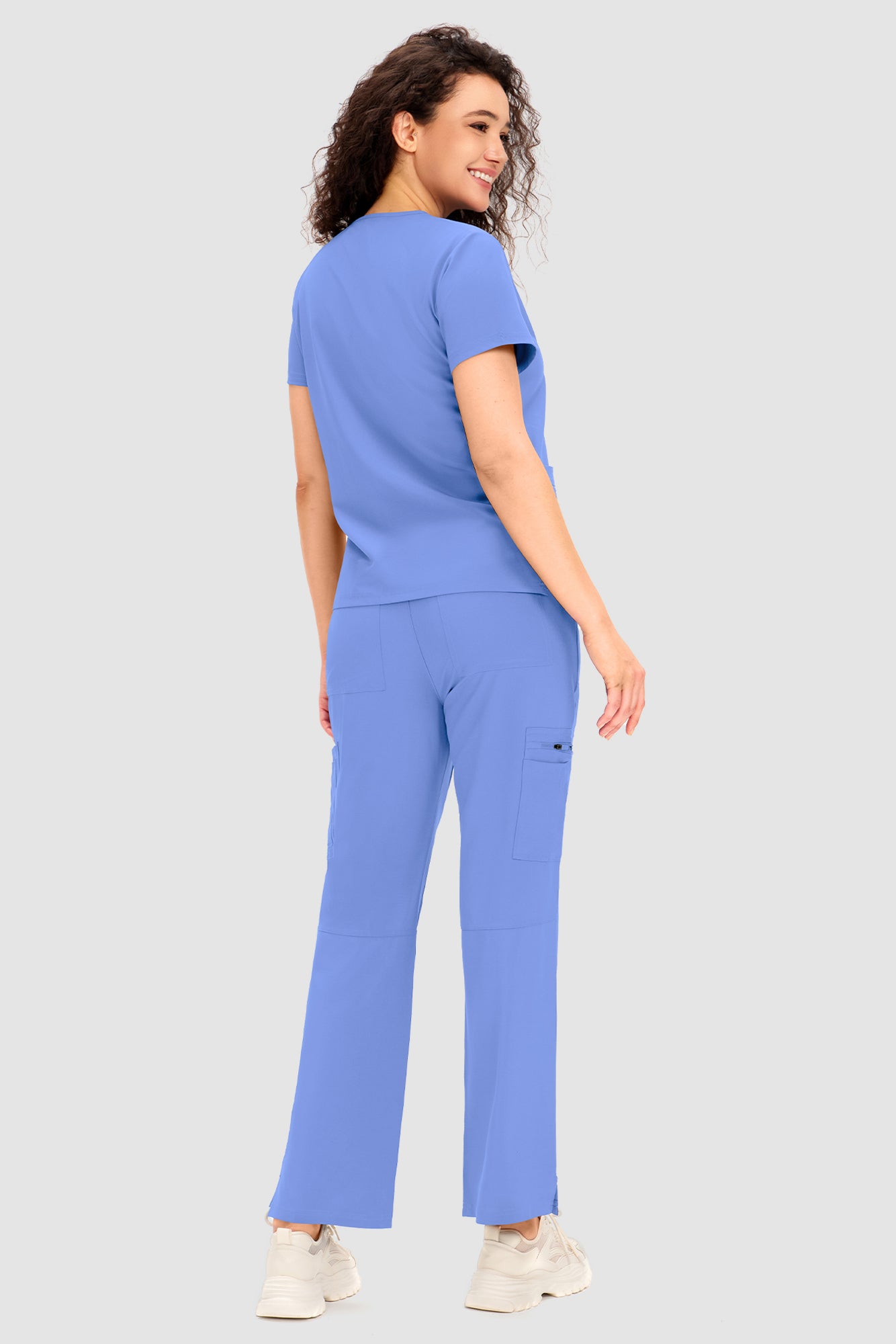 COZYFIT Scrubs for Women - V Neck Top and Bootcut Cargo Straight Pants with 12 Pockets