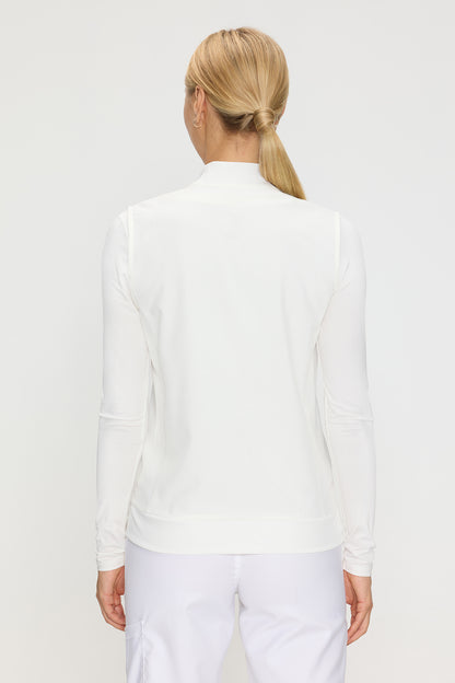 Women's 3-Pocket Scrub Vest, White, Model Back View