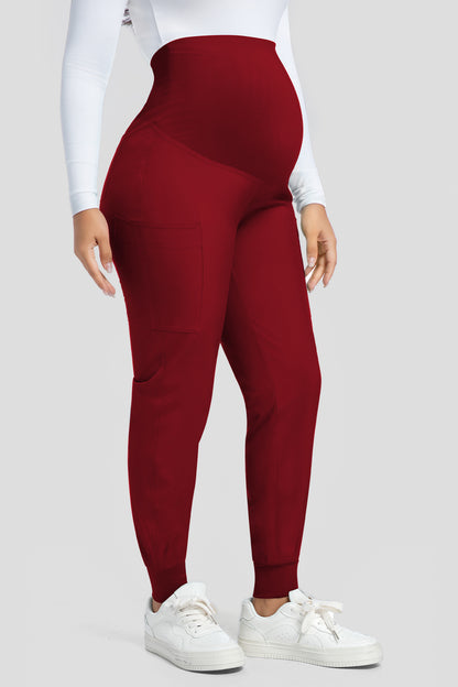 Women's Maternity Scrub Pants, Burgundy, Full-Length Front View