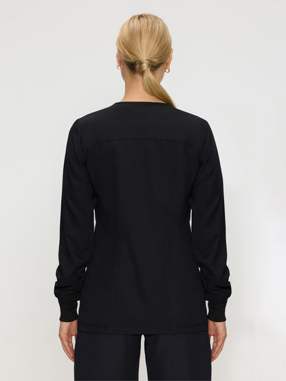 Women's 3-Pocket Snap Front Scrub Jacket, Black, Model Back View