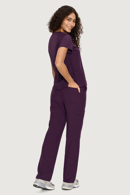 Women's 9-Pocket V-Neck Scrub Set, Dark Purple, Model Side View