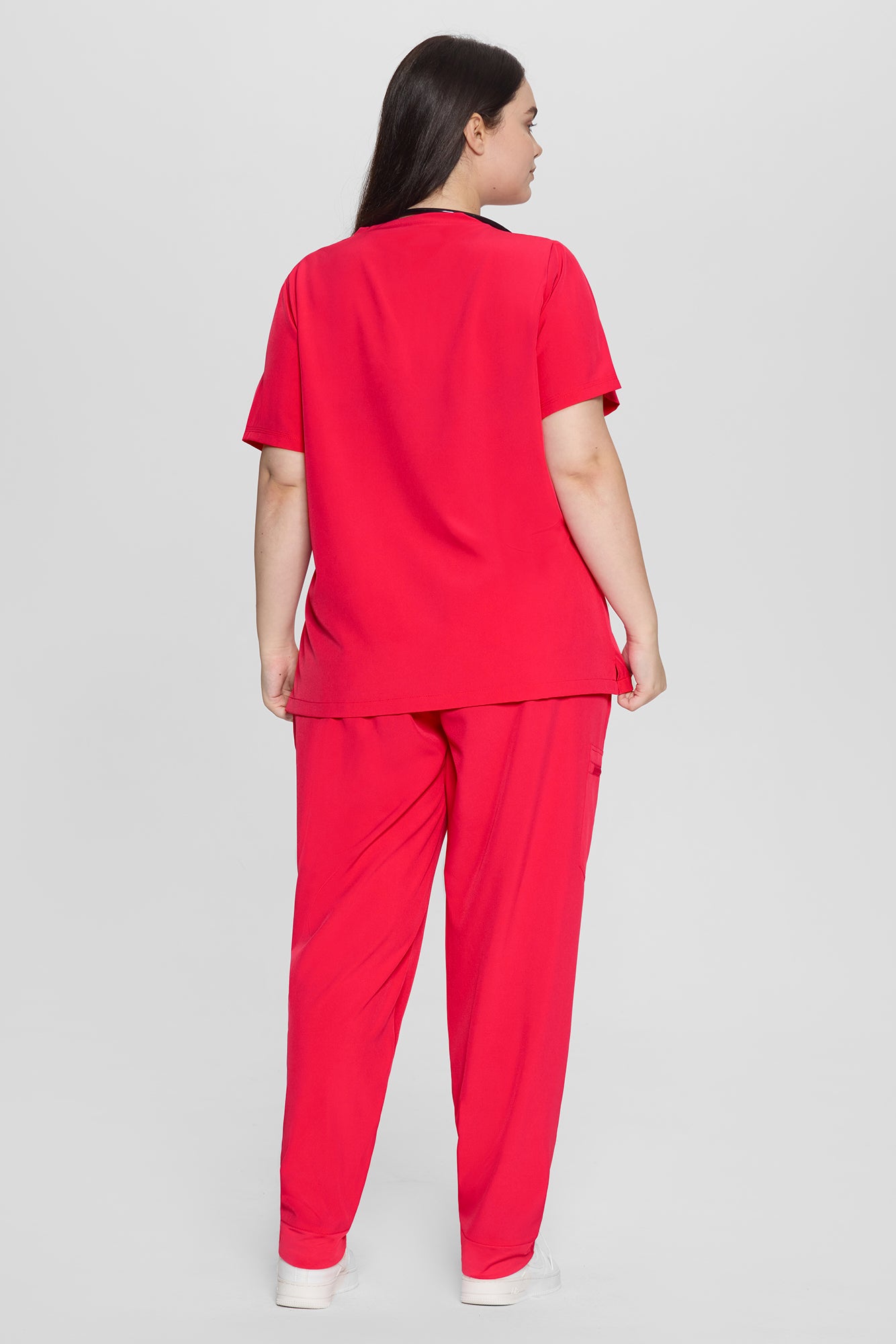 Women's Curved V-Neck 8-Pocket Jogger Scrub Set, Viva Magenta, Full-Length Back View
