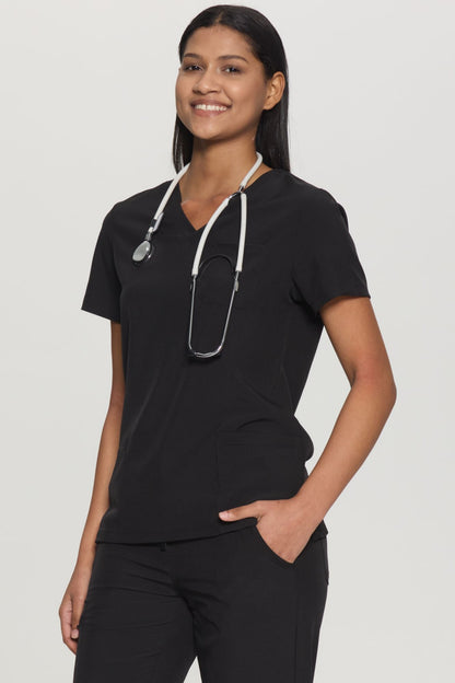 Women's 3-Pocket V-Neck Scrub Top, Black, Three-Quarter View