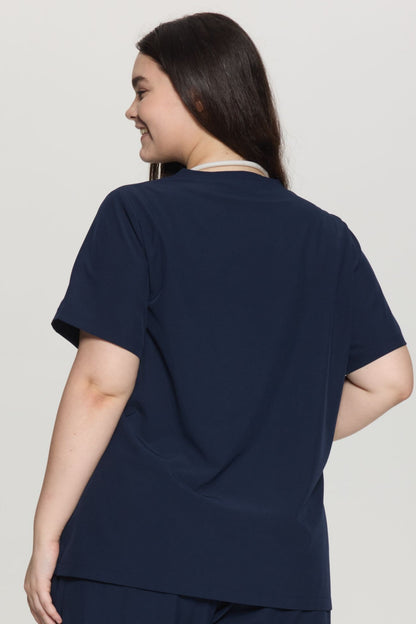 Women's Curved V-Neck 3-Pocket Scrub Top, Navy Blue, Model Back View