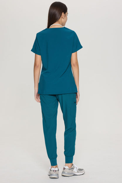 Women's 10-Pocket V-Neck Cargo Scrub Set, Caribbean Blue, Full-Length Back View
