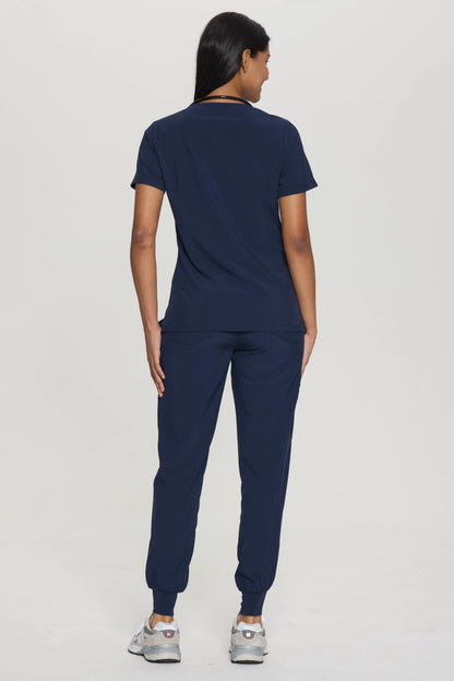 Women's 8-Pocket V-Neck Jogger Scrub Set, Navy Blue, Full-Length Back View