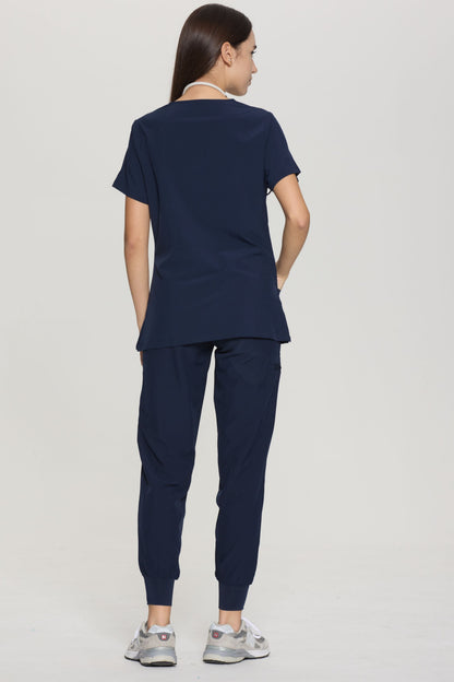 Women's 10-Pocket V-Neck Cargo Scrub Set, Navy Blue, Full-Length Back View