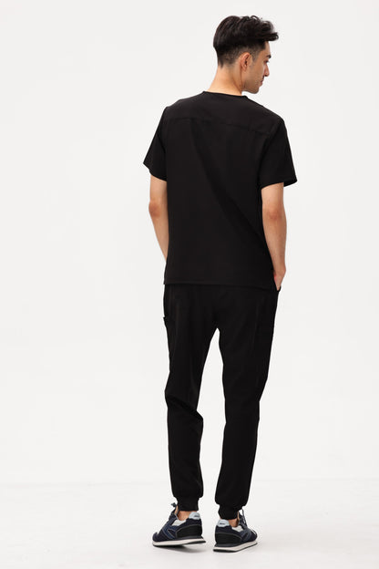 Men's 11-Pocket V-Neck Jogger Scrub Set, Black, Full-Length Back View