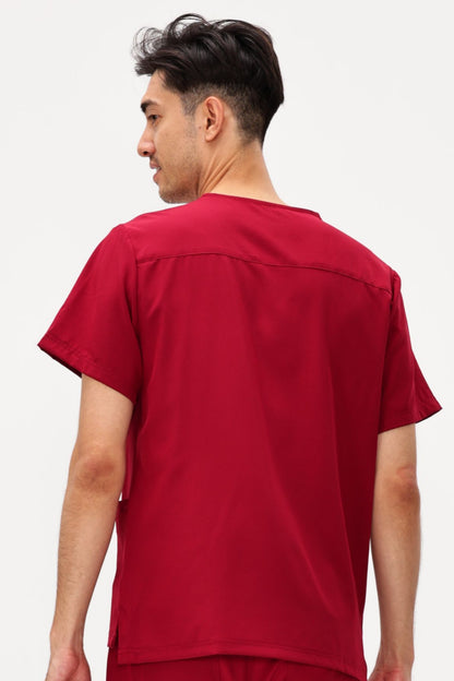 Men's 3-Pocket V-Neck Scrub Top, Burgundy, Model Back View
