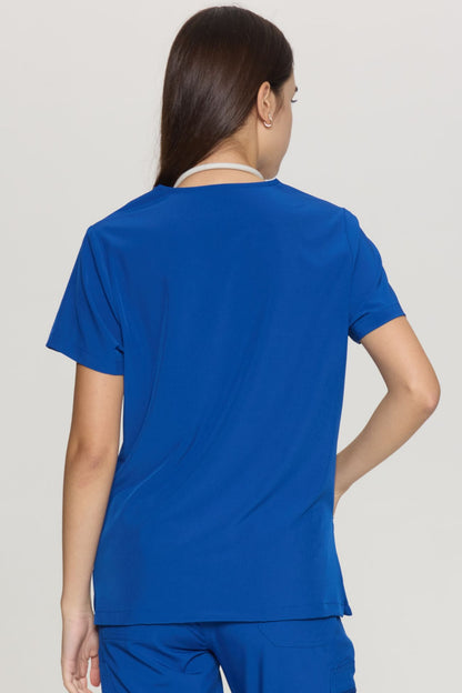 Women's Slim-Fit V-Neck Collar-Patch Scrub Top, Royal Blue, Model Back View
