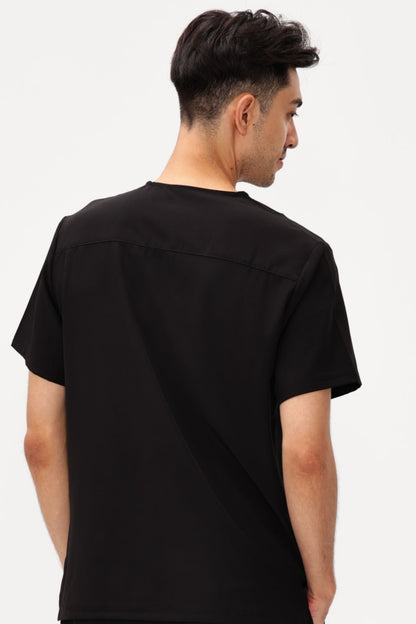 Men's 3-Pocket V-Neck Scrub Top, Black, Model Back View