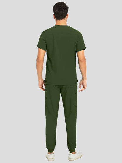 Men's 8-Pocket V-Neck Scrub Set, Army green, Full-Length Back View