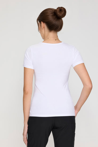 Women's Short-Sleeve Crew Neck Underscrub Tee, White, Model Back View