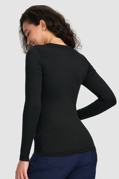 Women's Long-Sleeve Crew-Neck Underscrub Top, Black, Model Back View