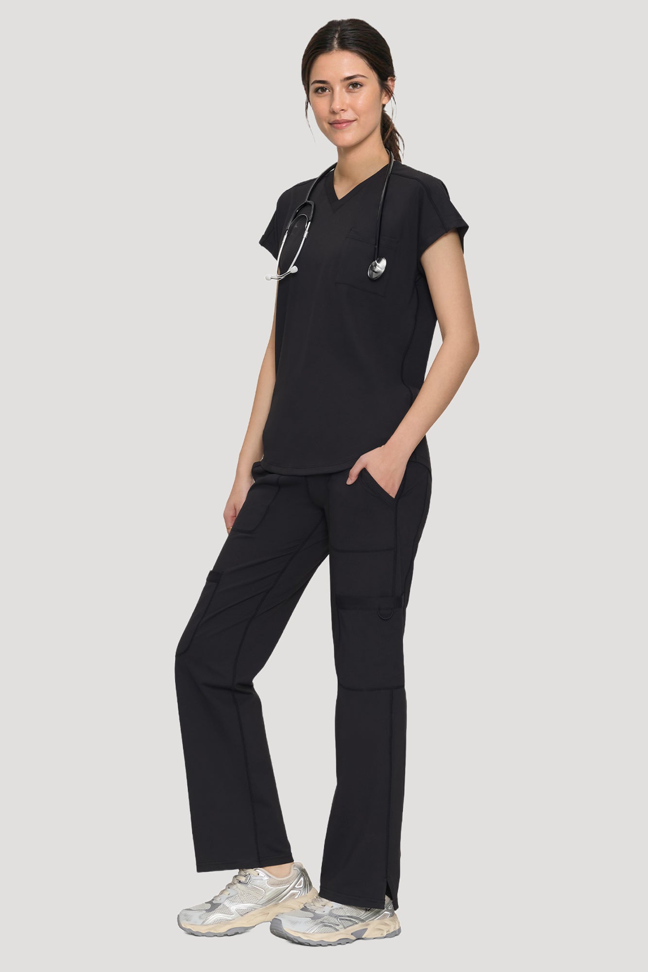 Scrubs for Women Set, V Neck Top & Straight Leg Pants | 6 Pockets, High Elastic Soft Fabric, Drop Shoulder, Slit Hem Yoga Scrub Pants for Easy Movement