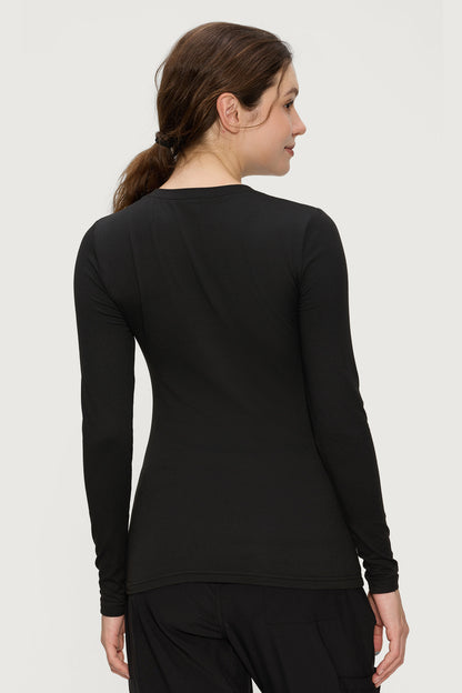 Women's V-Neck Long-Sleeve Underscrub Top, Black, Model Back View