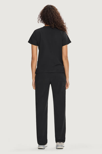 Women's 9-Pocket V-Neck Scrub Set, Black, Model Back View