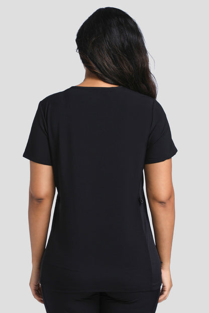 Women's Maternity V-Neck Scrub Top, Black, Model Back View