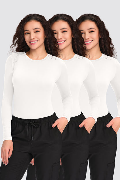Women's 3-Pack Long-Sleeve Underscrub Top, White, Model Front View