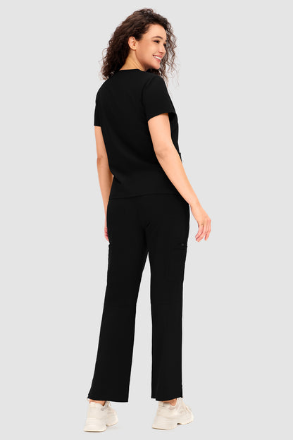 Women's 12-Pocket V-Neck Scrub Set, Black, Full-Length Back View