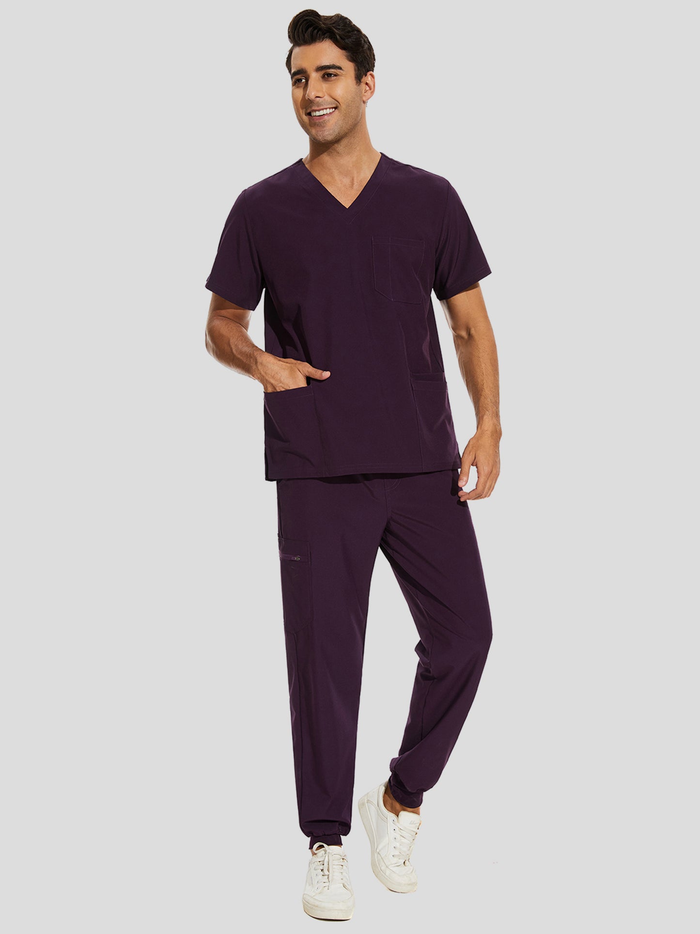 COZYFIT V-Neck Scrub Top & Jogger Pant with 8 Pockets, Yoga Waistband, Anti-Wrinkle Scrubs for Men