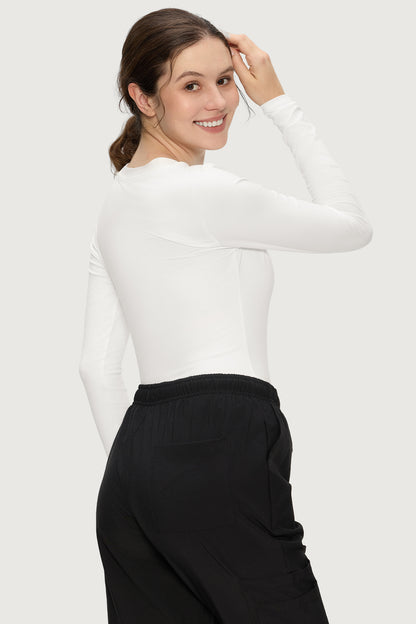Women's Long-Sleeve Scoop Neck Underscrub Top, White, Model Back View