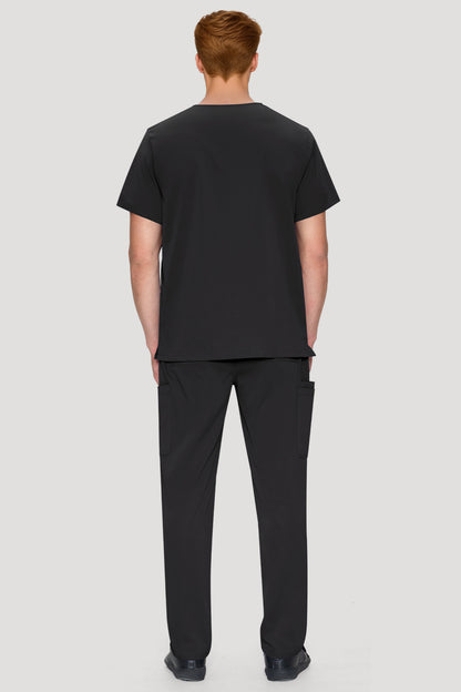 Men's 11-Pocket V-Neck Scrub Set, Black, Full-Length Back View