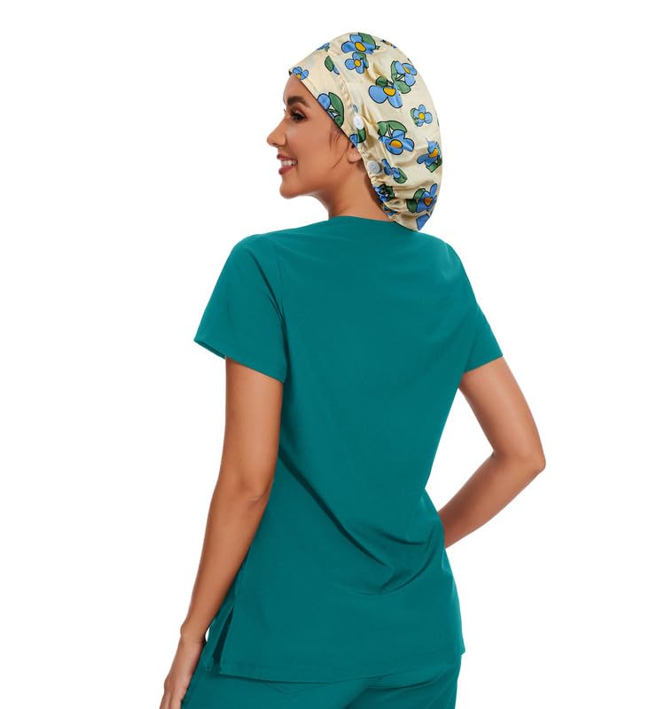 Adjustable Button Scrub Cap — B12-Sunny Sky Blossoms — Single Layer — 4