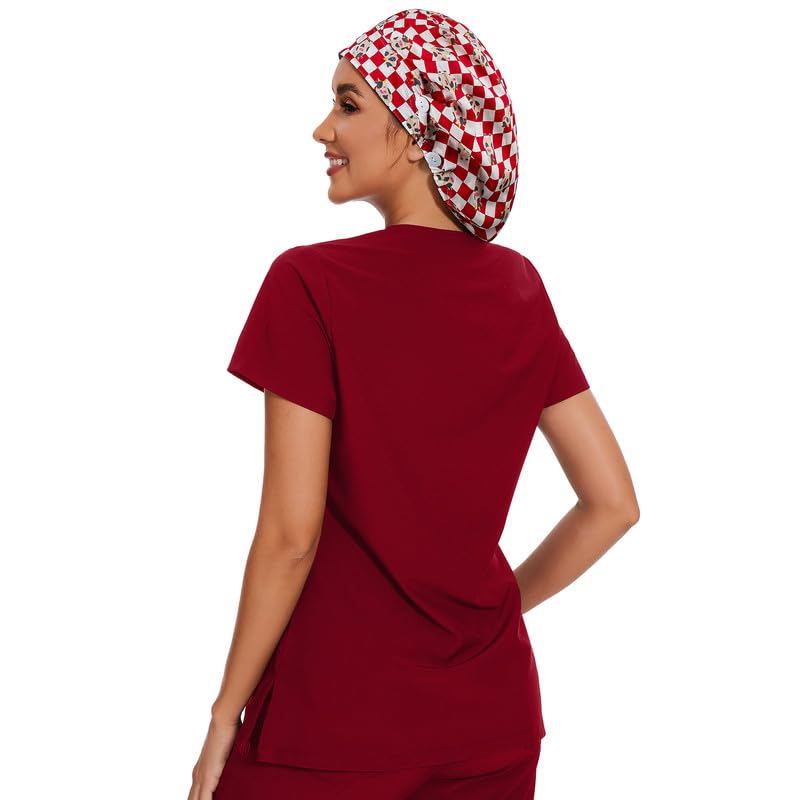 Adjustable Button Scrub Cap — B04-Red Checkered Calf — Satin Lined — 4