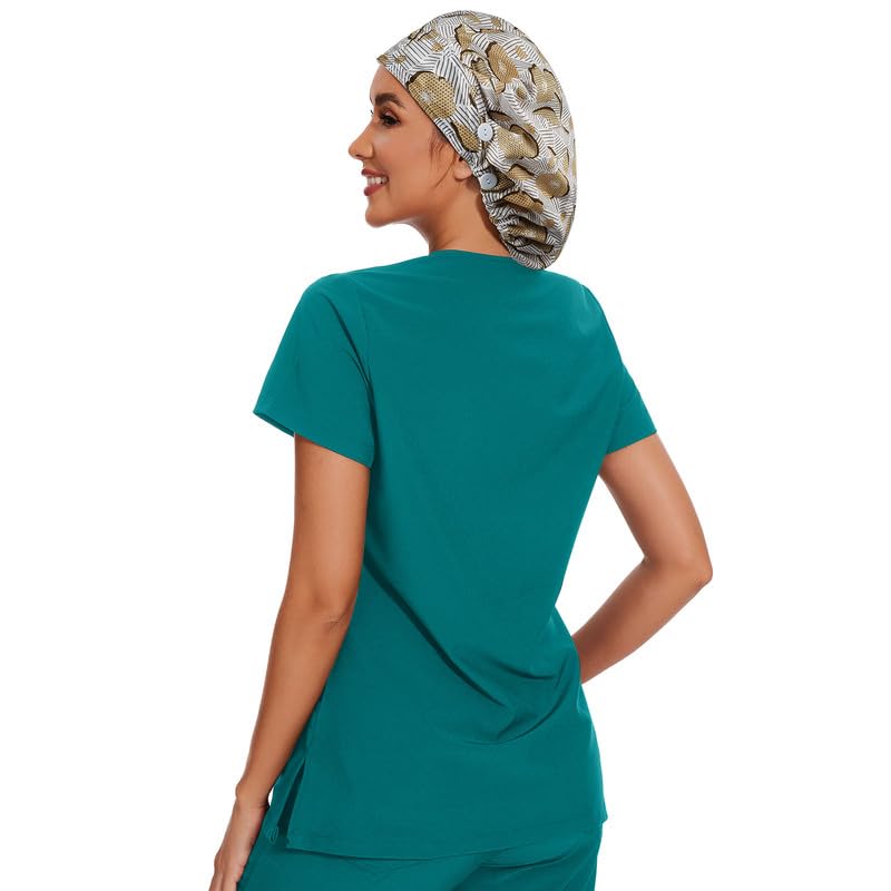 Adjustable Button Scrub Cap — B09-Golden Ginkgo Stripes — Single Layer — 5