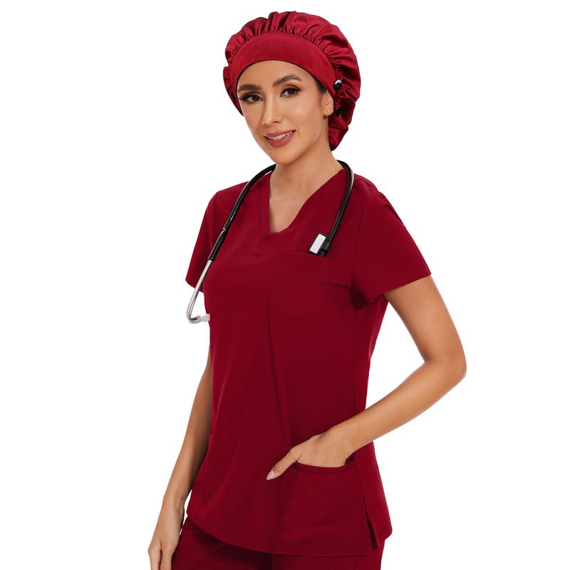 Adjustable Button Scrub Cap — A03-Burgundy — Single Layer Satin Backing — 6