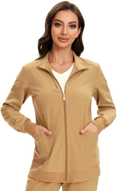 Juno Zip Front Scrub Jacket — Khaki — 1