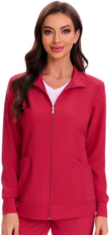 Juno Zip Front Scrub Jacket — Rose Red — 1
