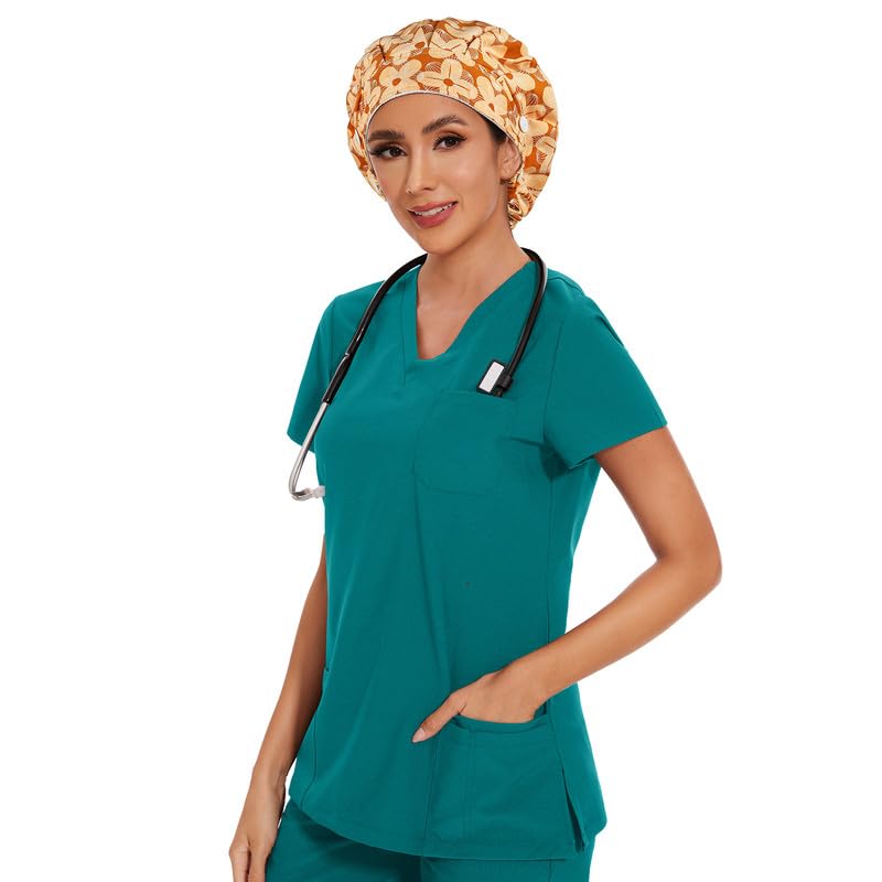 Adjustable Button Scrub Cap — B17-Golden Bloom — Single Layer — 6