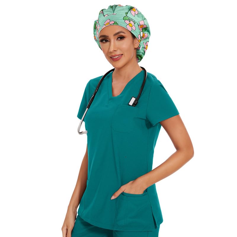 Adjustable Button Scrub Cap — B12-Spring Blossom Breeze — Single Layer — 6