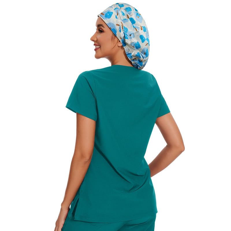 Adjustable Button Scrub Cap — B14-Azure Raindrop Bloomers — Single Layer — 4