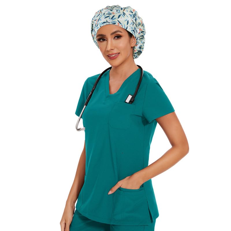 Adjustable Button Scrub Cap — B07-Berry Leaves — Single Layer — 6