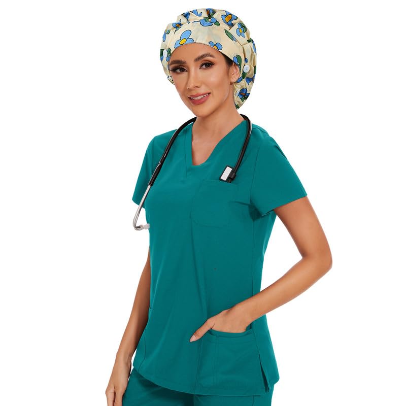 Adjustable Button Scrub Cap — B12-Sunny Sky Blossoms — Single Layer — 5