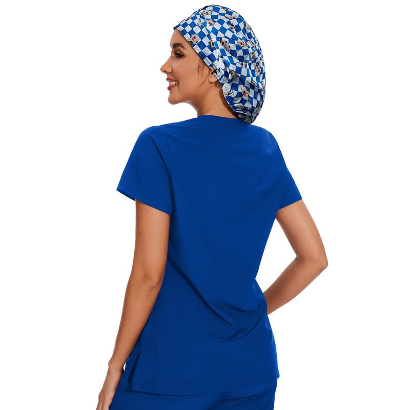 Adjustable Button Scrub Cap — B04-Blue Checkered Calf — Single Layer — 4