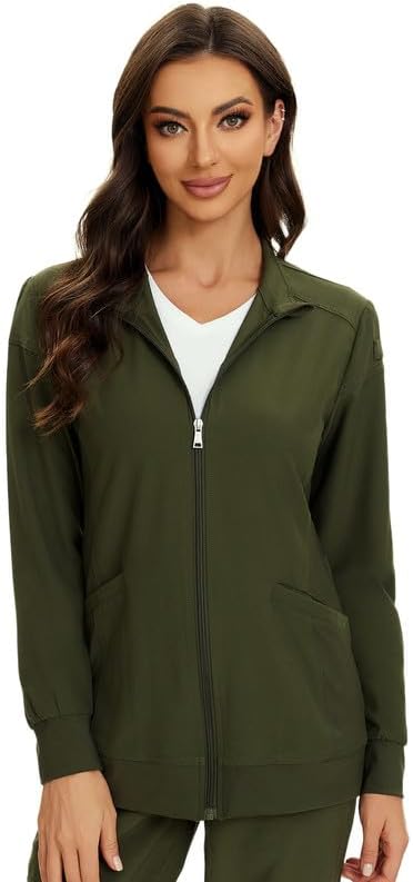 Juno Zip Front Scrub Jacket — Olive Green — 1