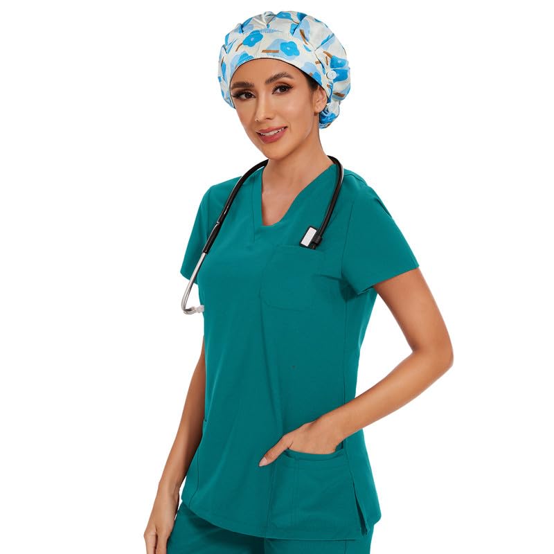 Adjustable Button Scrub Cap — B14-Azure Raindrop Bloomers — Single Layer — 5