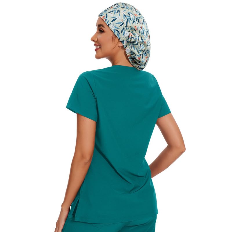 Adjustable Button Scrub Cap — B07-Berry Leaves — Single Layer — 5